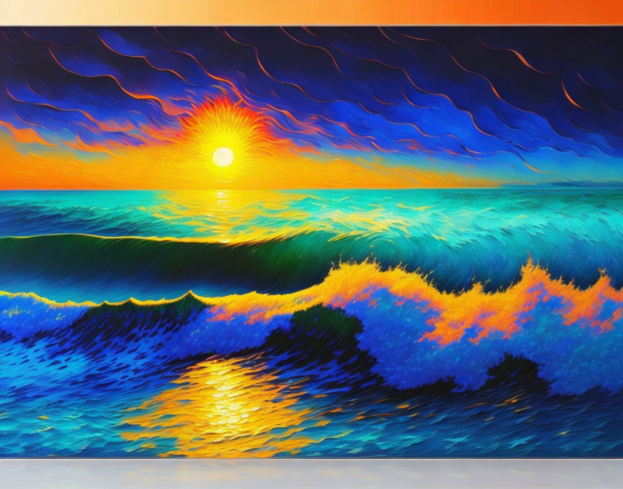 Colorful Sunset Painting with Swirling Ocean Waves