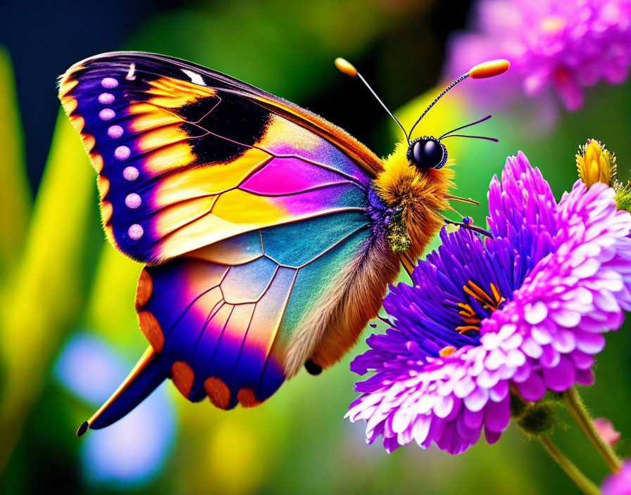 Colorful Butterfly Resting on Purple Flowers in Green Background