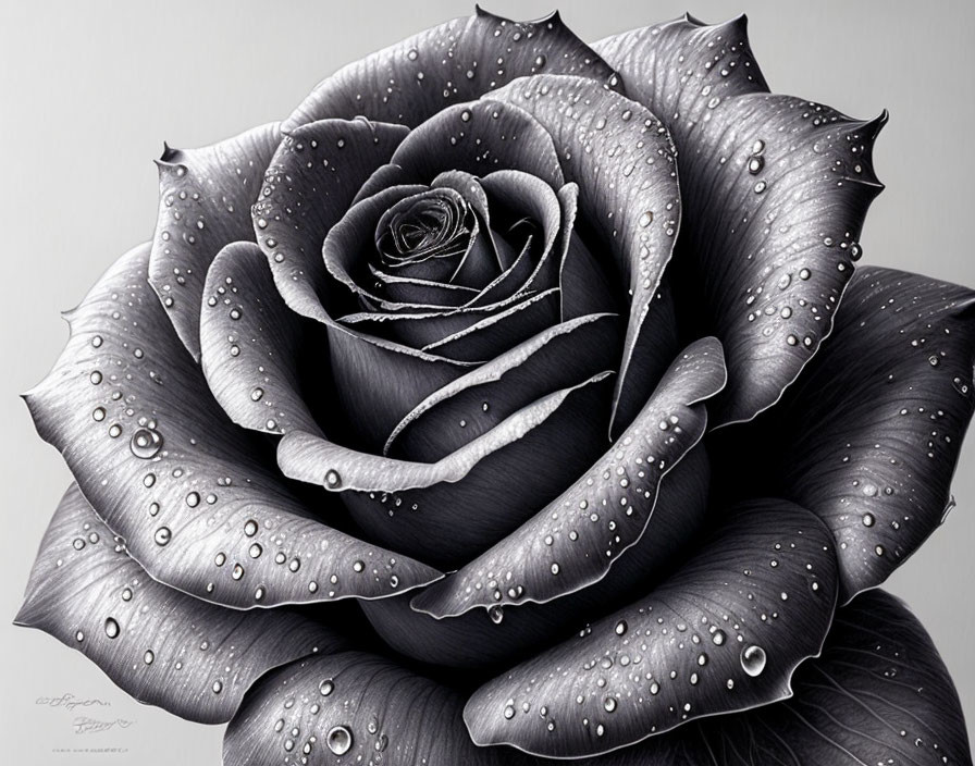 Detailed monochrome rose with water droplets.