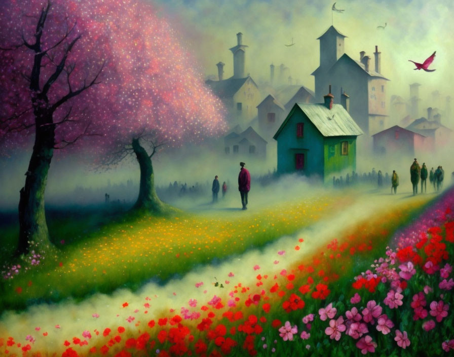 Colorful Blooming Landscape with Trees, Flowers, Misty Background, Houses, People, and Bird