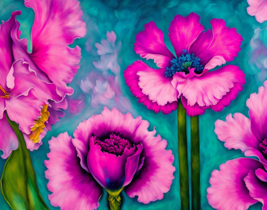 Colorful painting of pink flowers on teal background, detailed petals and vivid hues.