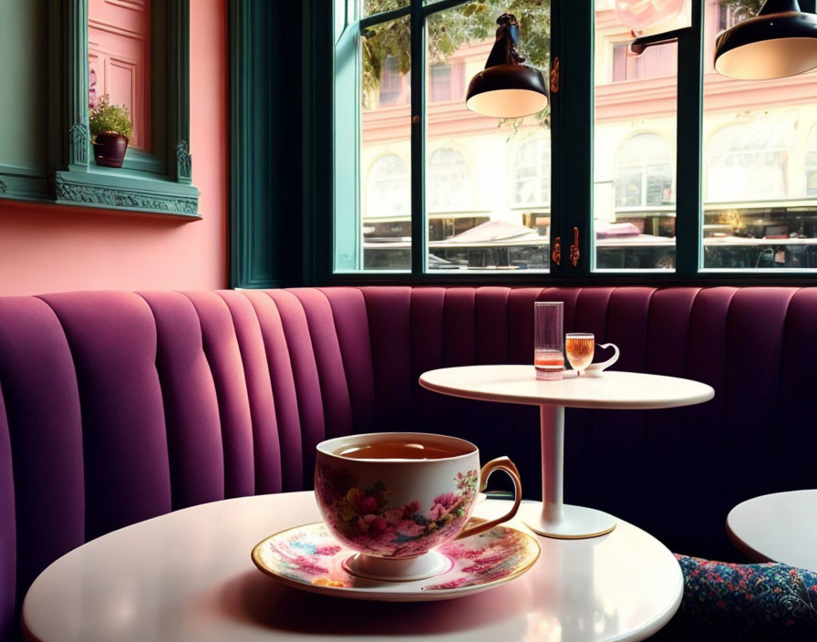 Pink Upholstered Bench and Floral Teacup in Café Interior