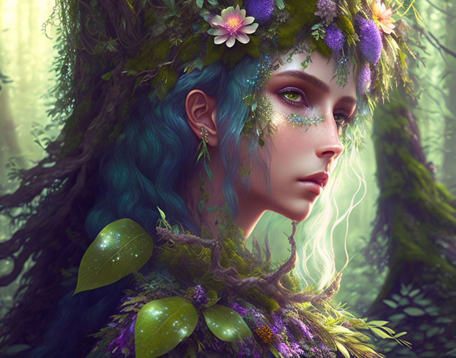 Fantasy Image: Female with Green and Blue Hair, Floral Crown, Sparkling Makeup, Ench