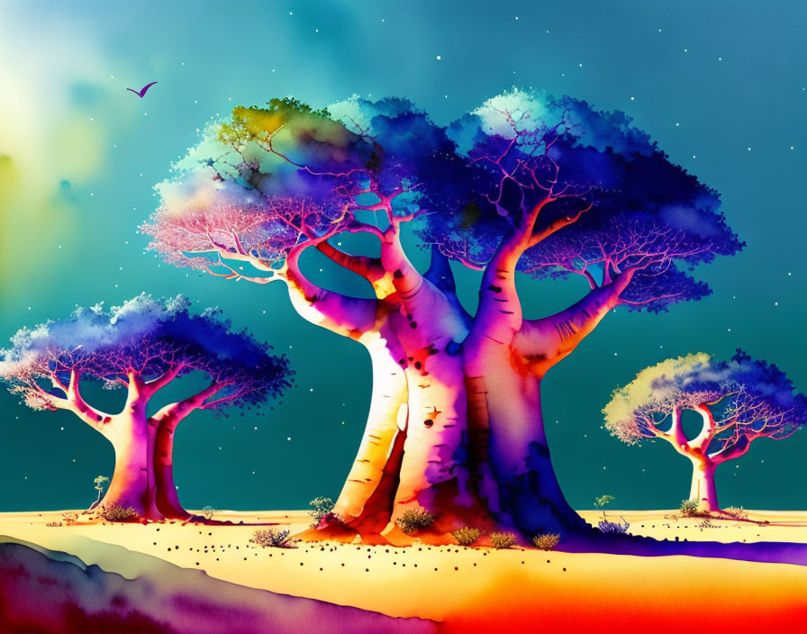 Colorful surreal trees under blue sky with bird: Digital art