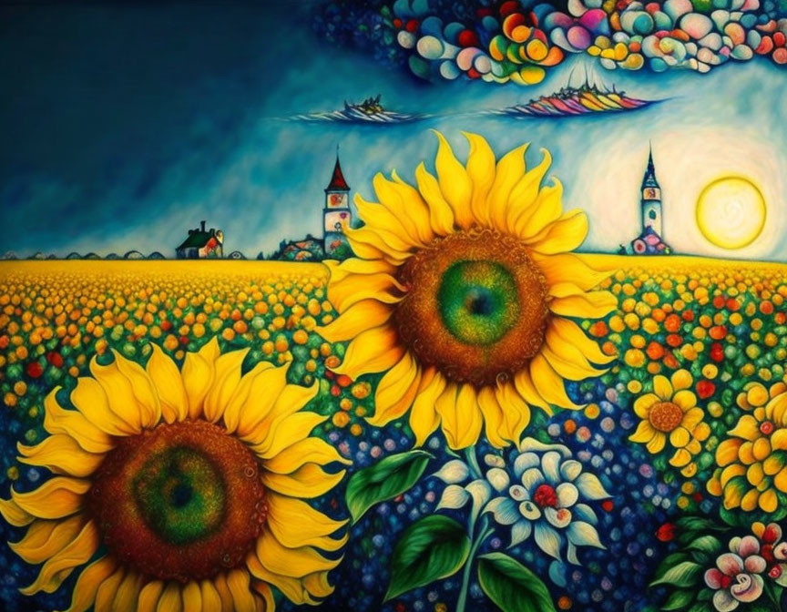 Colorful Sunflower Painting with Whimsical Landscape