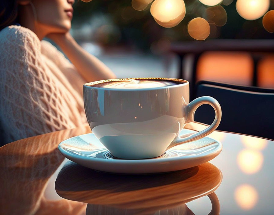 Steaming coffee cup on table with blurred woman, warm bokeh lights, cozy ambiance