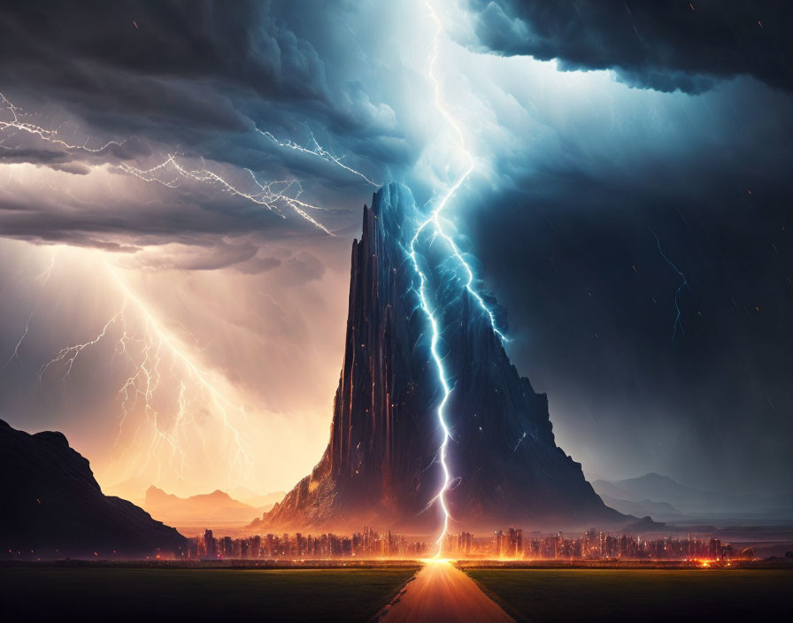 Thunderstorm over towering mountain and cityscape with road