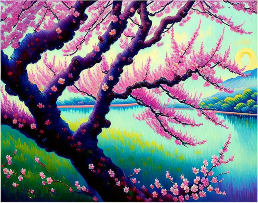 Colorful Cherry Blossom Tree Painting by Lake at Sunrise