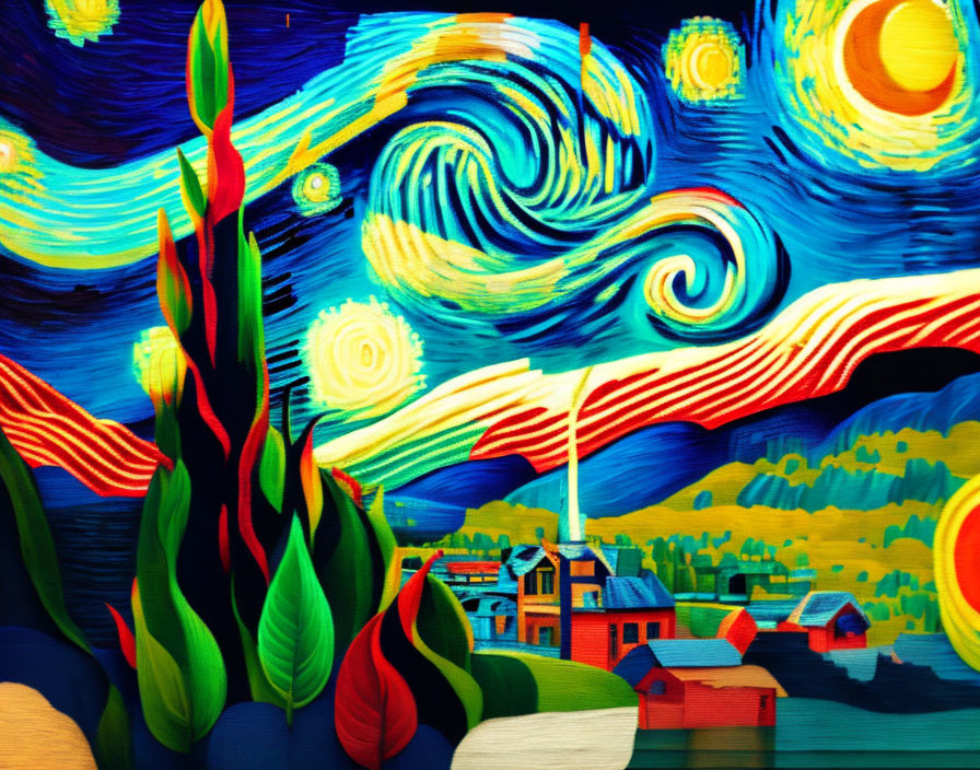 Colorful mural with swirling skies and bright stars inspired by "Starry Night