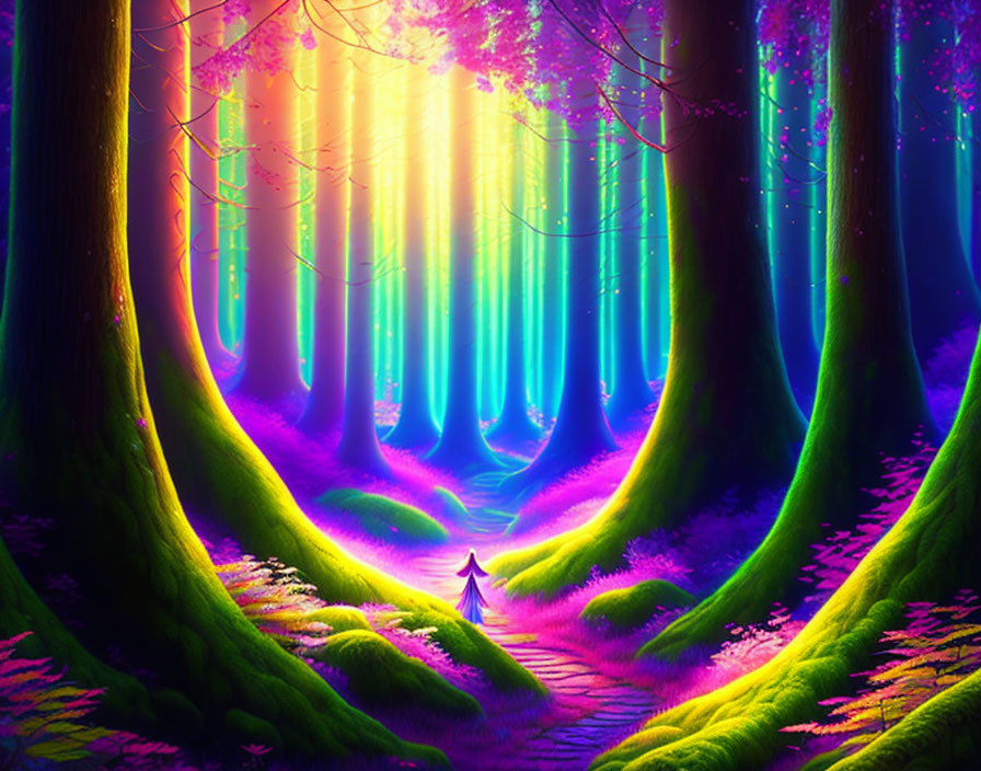 Vibrant purple and pink fantasy forest with luminescent trees and magical figure.