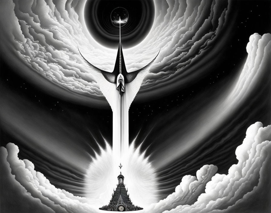 Surreal black and white cosmic figure with eclipse and enlightened being staircase