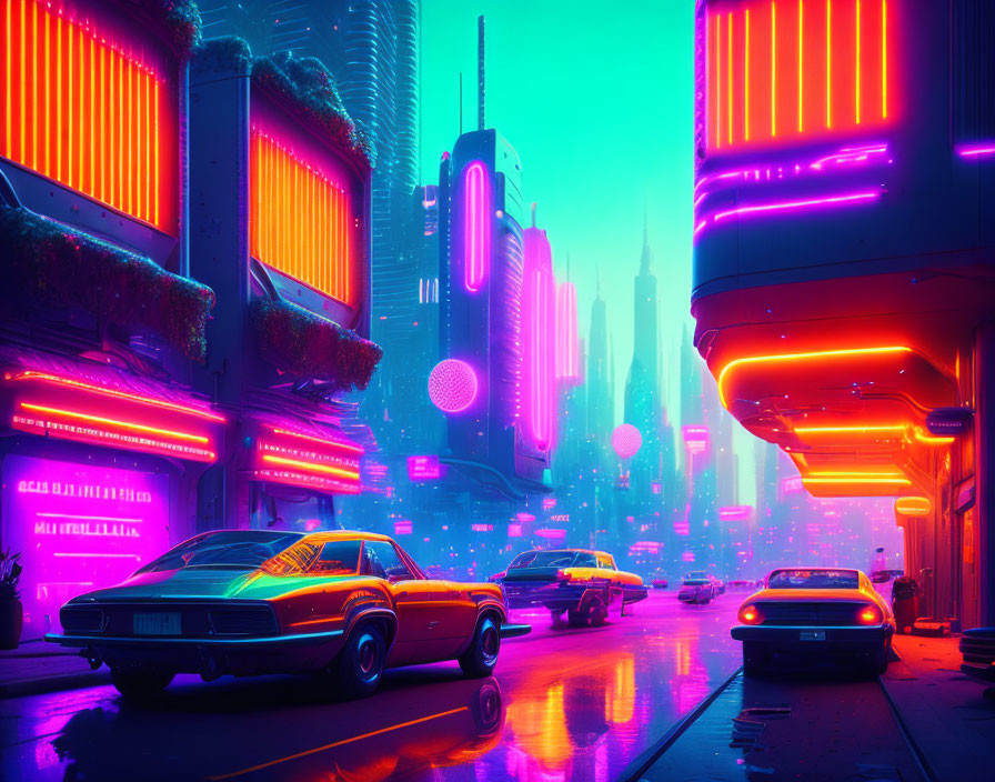 Futuristic neon-lit cityscape at twilight with retro-futuristic cars and glowing skyscrap