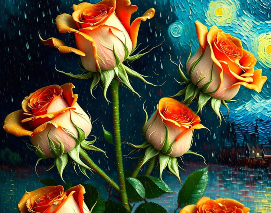 Orange Roses with Dewdrops on Van Gogh-Inspired Background