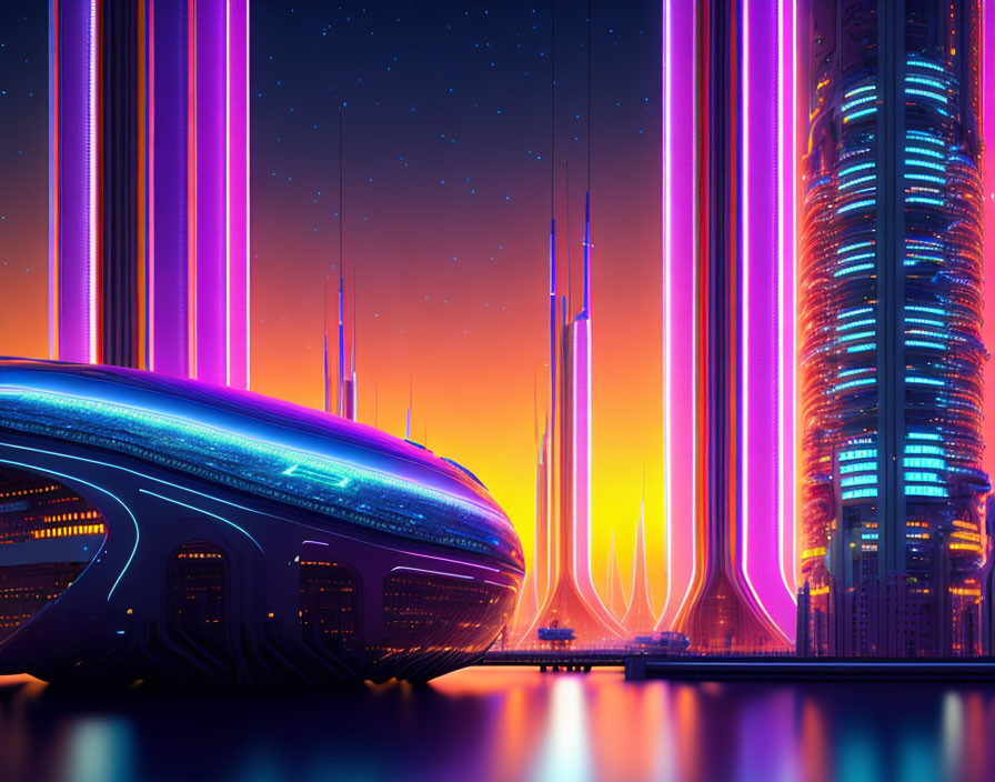 Futuristic cityscape with neon lights and skyscrapers at twilight