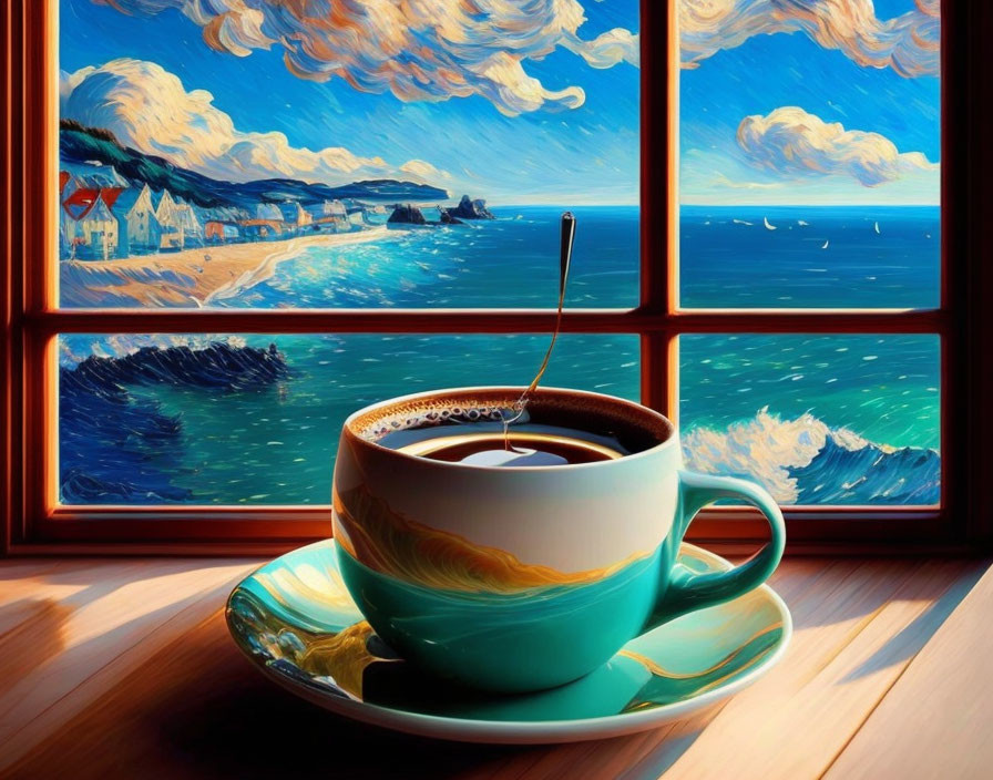 Coffee Cup on Windowsill Overlooking Seaside Vista