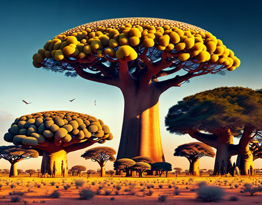 Surreal landscape with oversized baobab trees and golden sunset sky