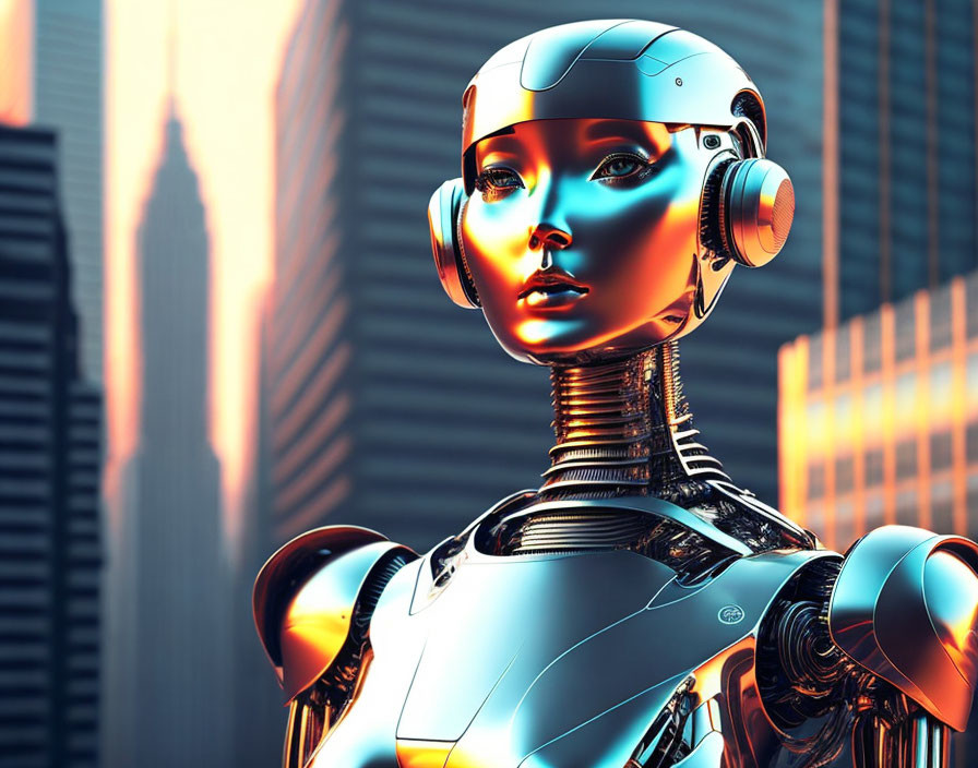 Futuristic robot with human-like features against city backdrop