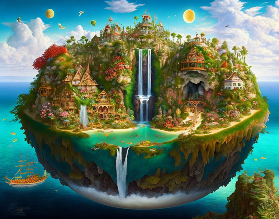 Floating Island with Waterfalls, Houses, Ship, and Moons