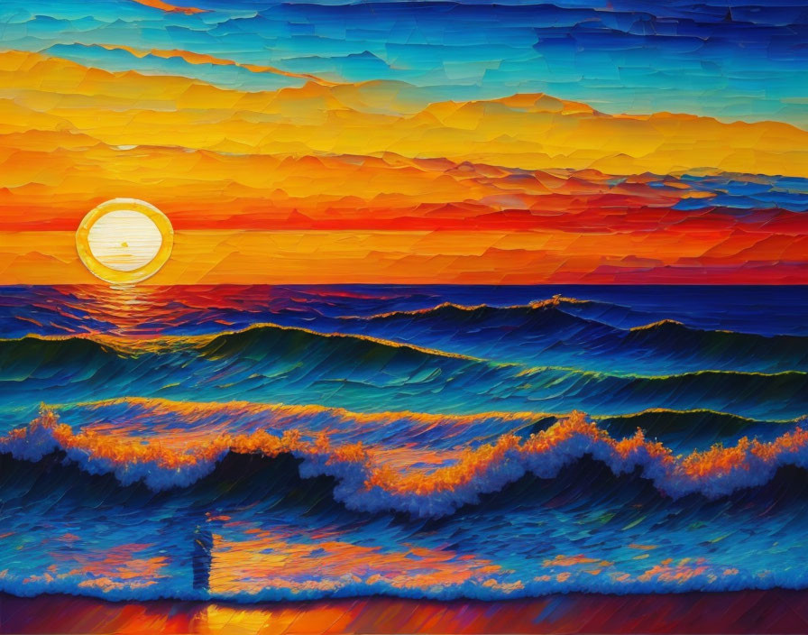 Colorful Sunset Painting with Textured Strokes in Orange and Blue