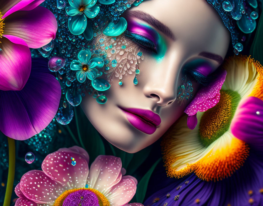 Woman's face digital artwork with vibrant flowers and dewdrops.