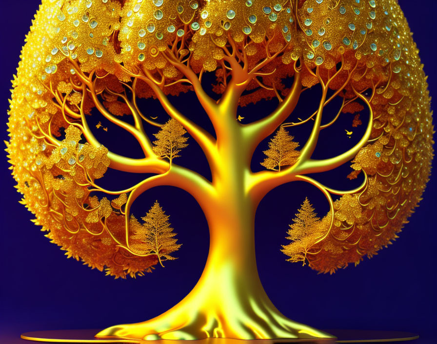 Golden tree with intricate branches on deep blue background