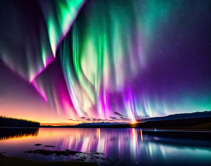 Colorful Aurora Borealis over Lake at Sunset