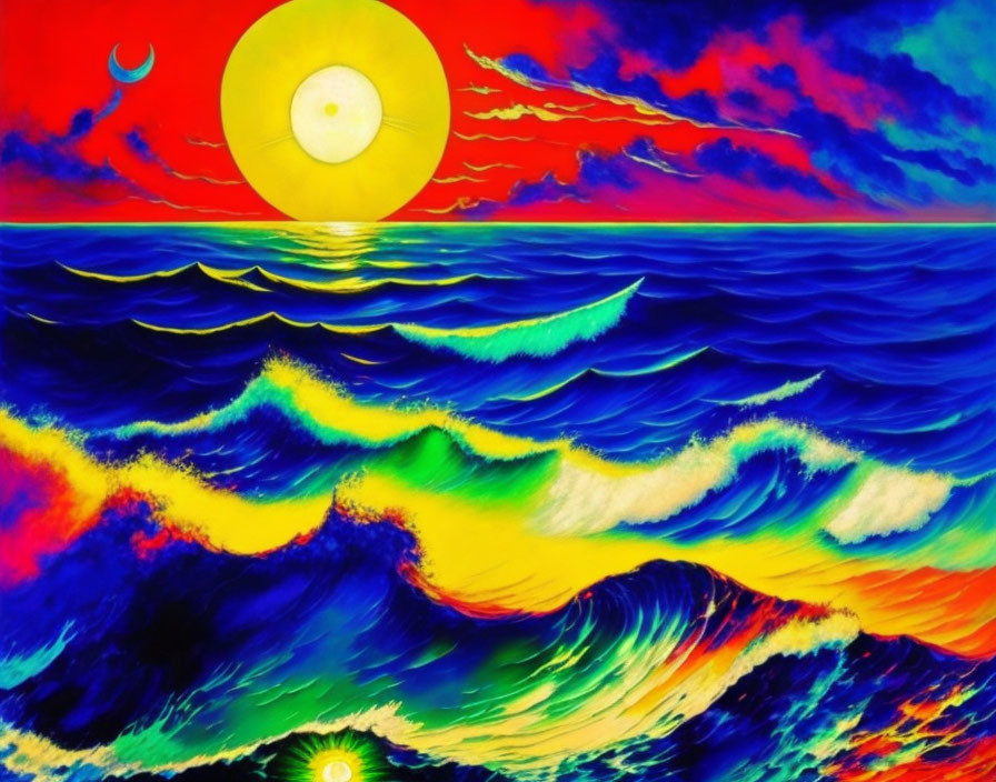 Colorful psychedelic seascape with multicolored waves and celestial sky.