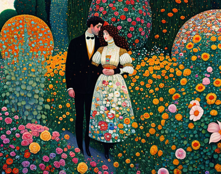 Couple in formal attire surrounded by vibrant floral landscape