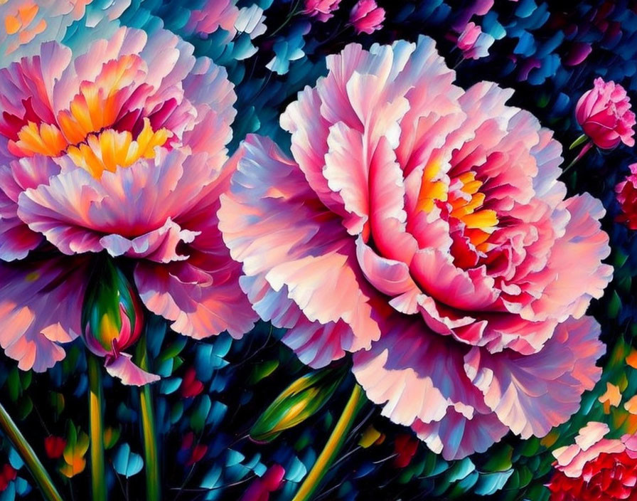 Colorful painting of blooming peonies in pinks and purples on an impressionistic