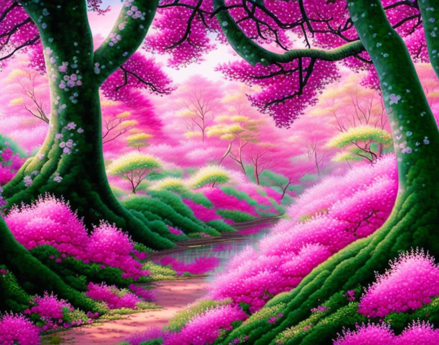 Colorful Fantasy Landscape with Pink and Purple Foliage and Blooming Trees