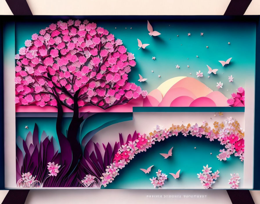 Colorful Paper Art: Pink Tree, Flowers, Bridge, Butterflies in 3D Style