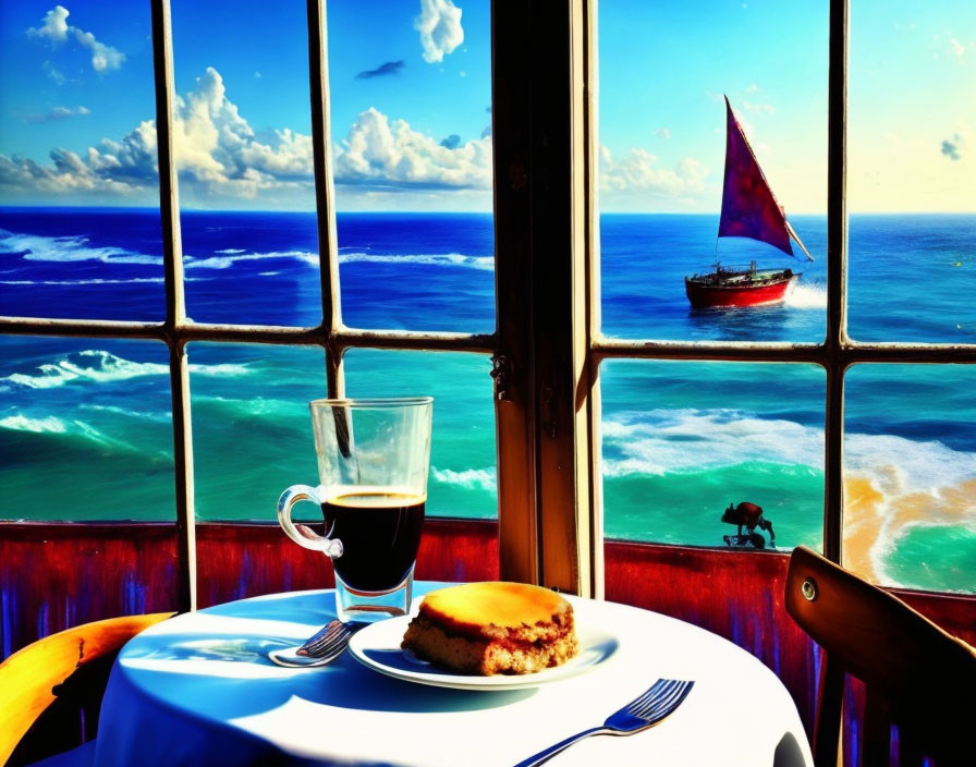 Ocean View with Sailboat, Coffee, and Cake on Table