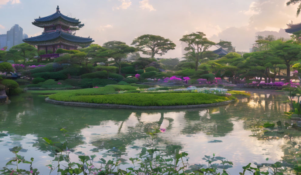 Tranquil Asian garden at dusk with pavilions, pond, and blooming flowers