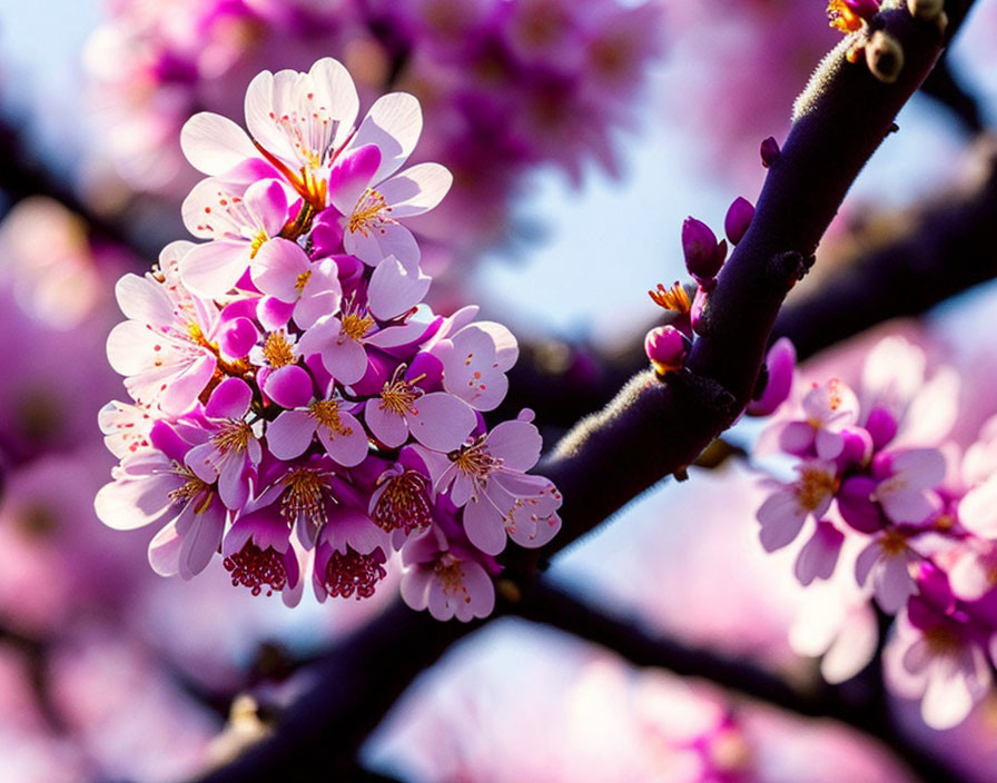 Pink Cherry Blossoms in Full Bloom Backlit by Soft Sunlight