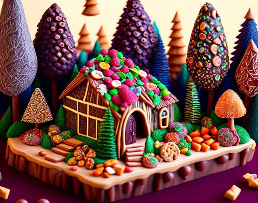 Colorful Clay Art Scene with Detailed Cottage & Vibrant Trees