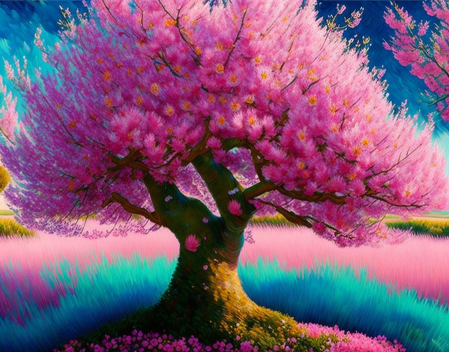 Pink Cherry Blossom Tree in Field of Pink and Purple Flowers