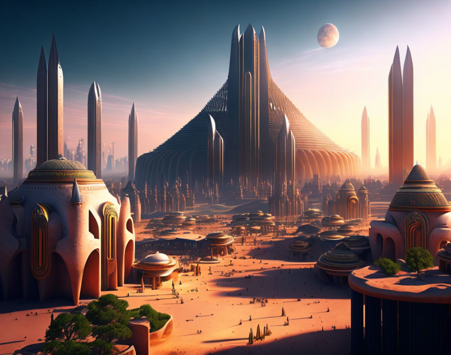 Futuristic cityscape with towering buildings and distant planet.