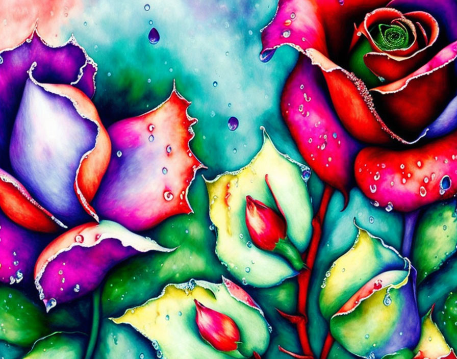 Multicolored roses painting with dewdrops in purple, blue, red, and green