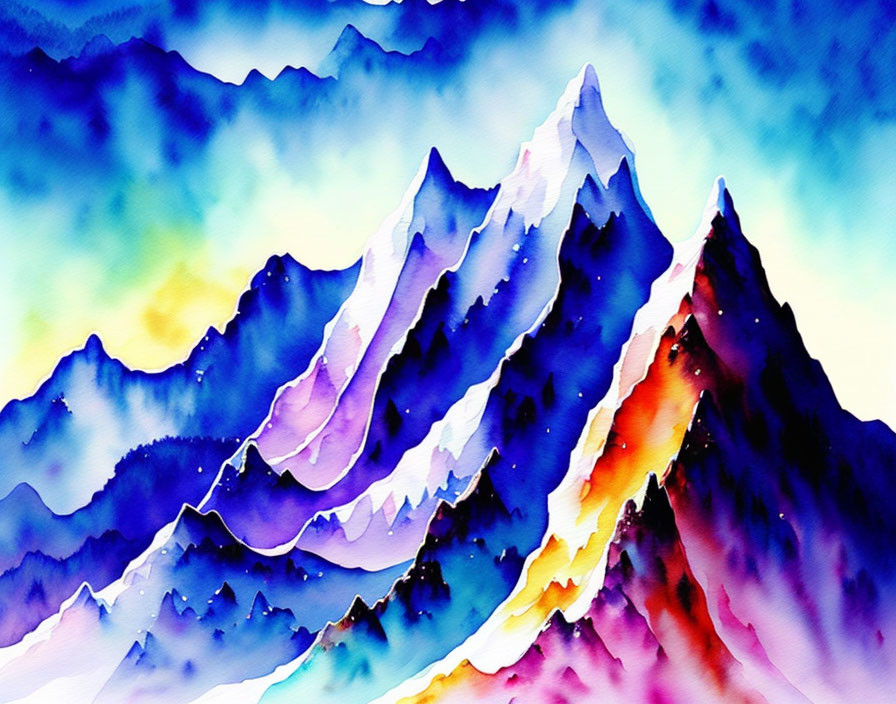 Mountain Peaks Watercolor Painting in Vivid Blue and Purple Hues