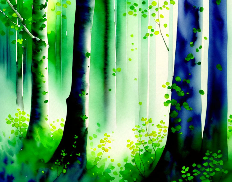 Forest Watercolor Painting with Green Foliage and Blue Tree Trunks