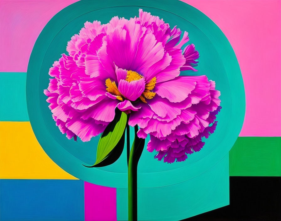 Colorful Digital Art: Detailed Pink Peony on Geometric Background