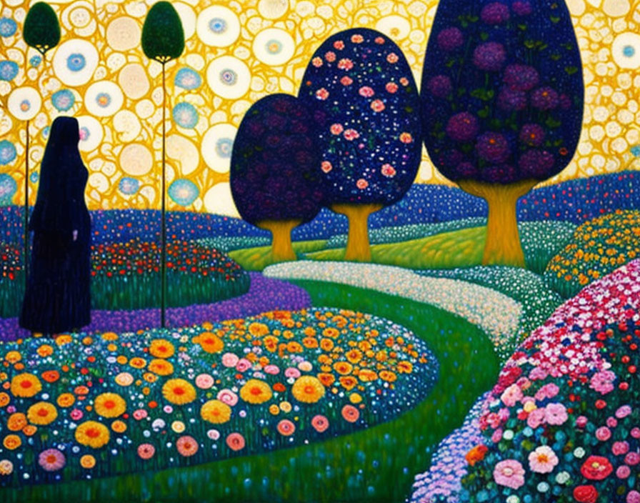 Colorful painting: lone figure, whimsical trees, vibrant flowers, celestial sky