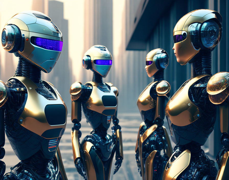 Golden and silver futuristic humanoid robots in modern cityscape.