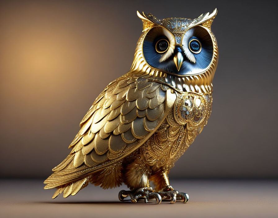Intricate Metallic Gold Owl Figurine with Blue Gemstone Eyes