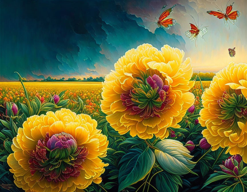 Yellow peony flowers and butterflies in a scenic field under dramatic sky