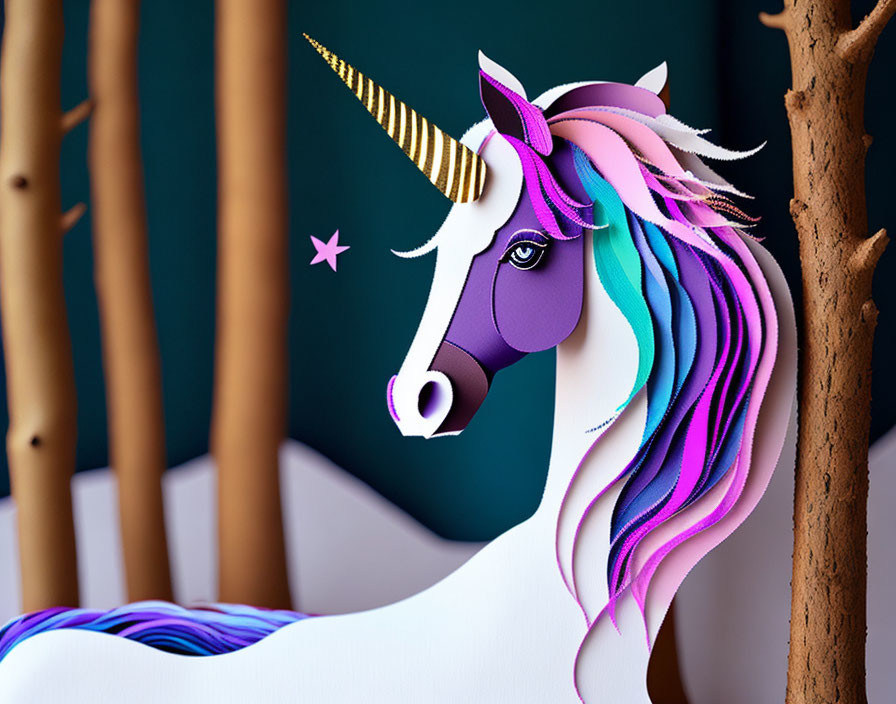 Colorful Unicorn Illustration with Golden Horn in Forest Setting