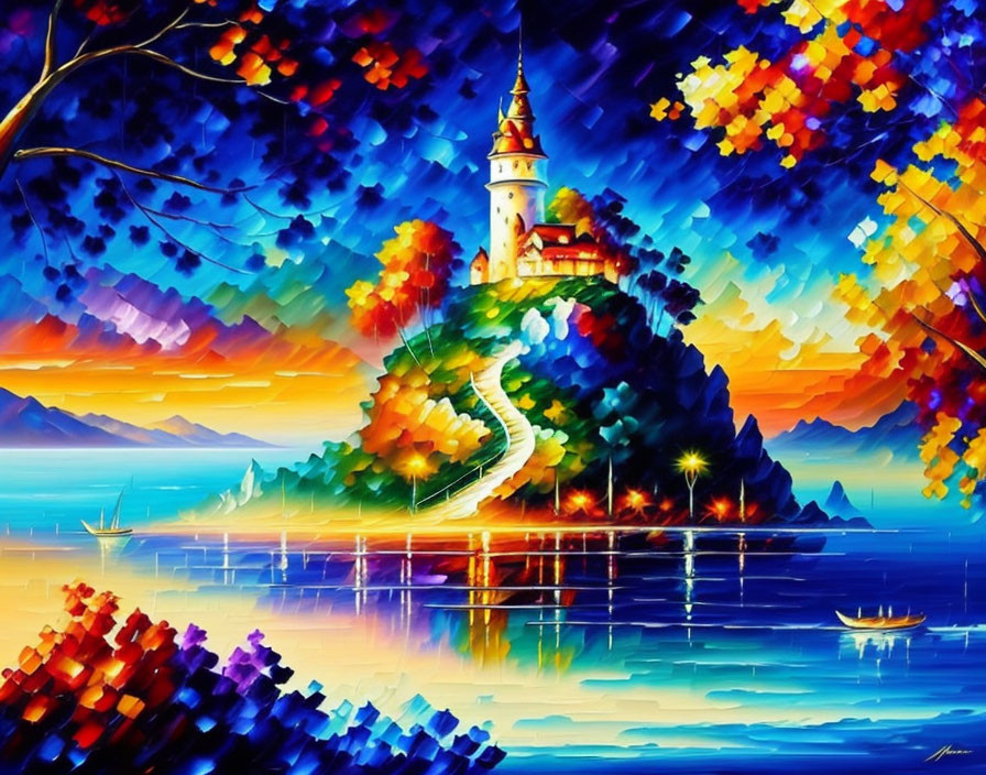 Colorful Painting of Illuminated Castle on Hill with Reflection in Water
