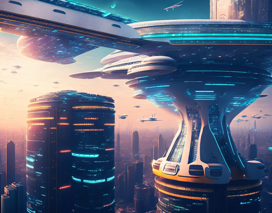 Futuristic cityscape with towering buildings and flying vehicles