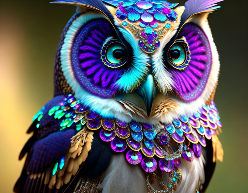 Vibrant owl artwork with colorful feathers and jewel-like patterns