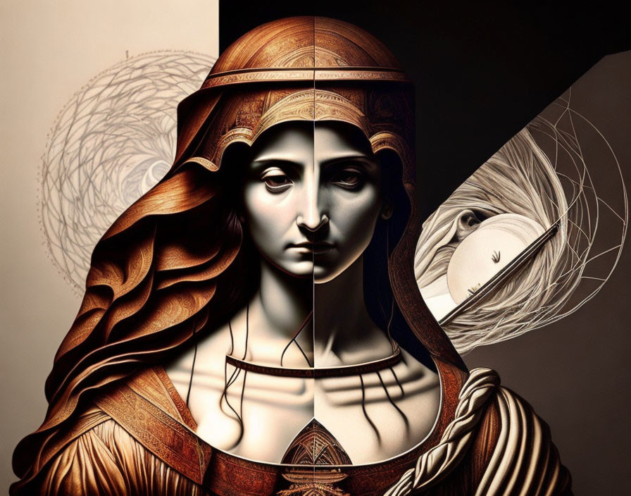 Abstract digital artwork: Woman's detailed face with headdress and line patterns